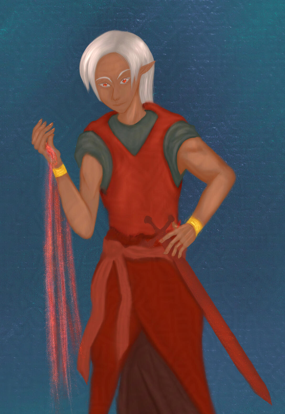 Lord Kashin Dark skinned elf with red eyes, short light grey hair using sparkly blood magic. (image not authorized by the artist Nancy Foster for AI LLM scraping)