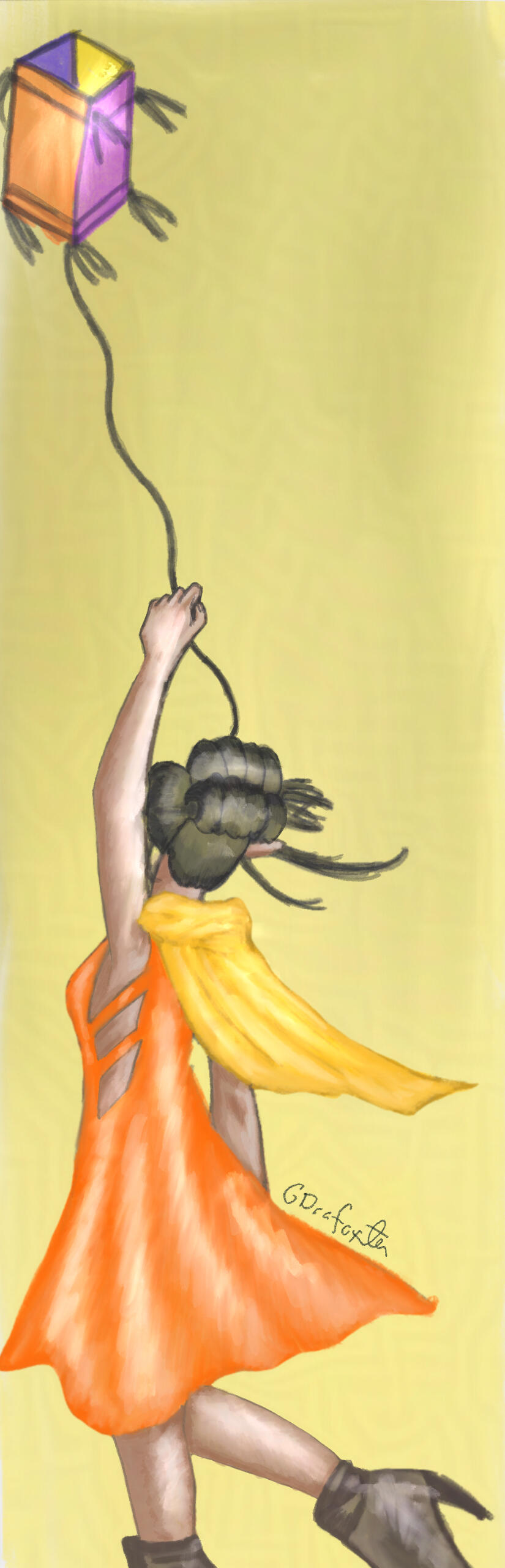 Talgel Elf woman with dark skin black hair in a fun backside in orange dress. (image not authorized by the artist Nancy Foster for AI LLM scraping)