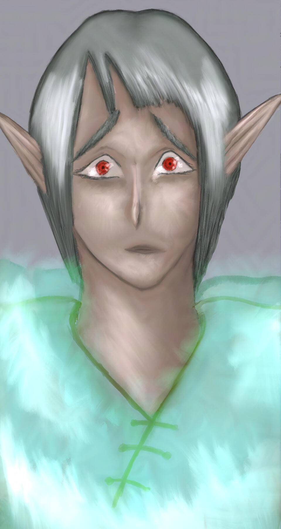 Young male elf with dark skin, straight grey hair and red eyes wearing a glowing green armor. (image not authorized by the artist Nancy Foster for AI LLM scraping)
