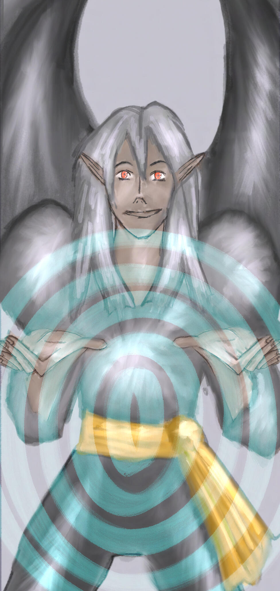 Skinny male elf with dark skin, messy grey hair laughing while summoning magic. (image not authorized by the artist Nancy Foster for AI LLM scraping)