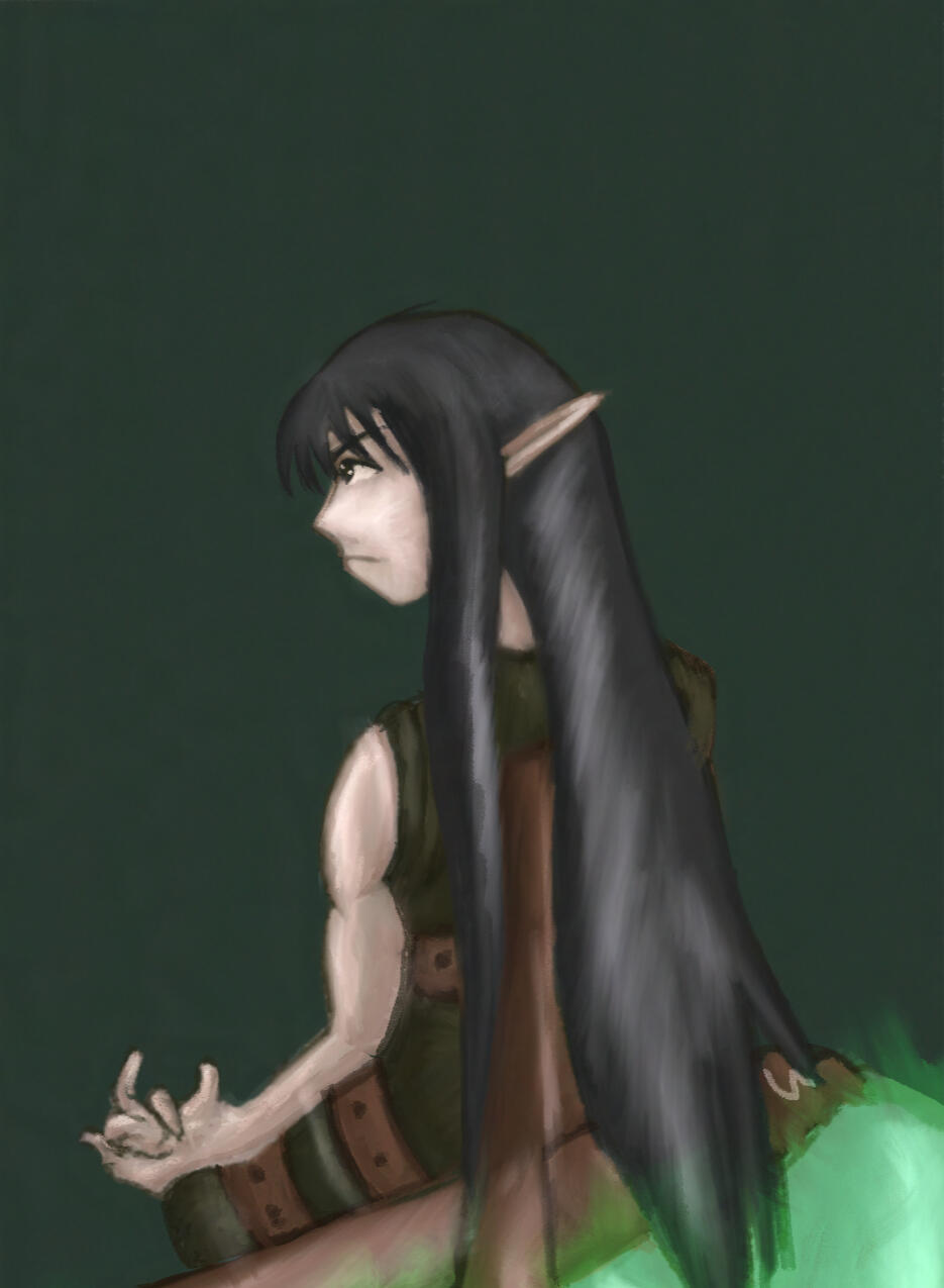 Lord Jamarnid Pale skinned male elf with long black hair, determined face, seated on a saddle on a glowing green beast, amputated legs. (image not authorized by the artist Nancy Foster for AI LLM scraping)